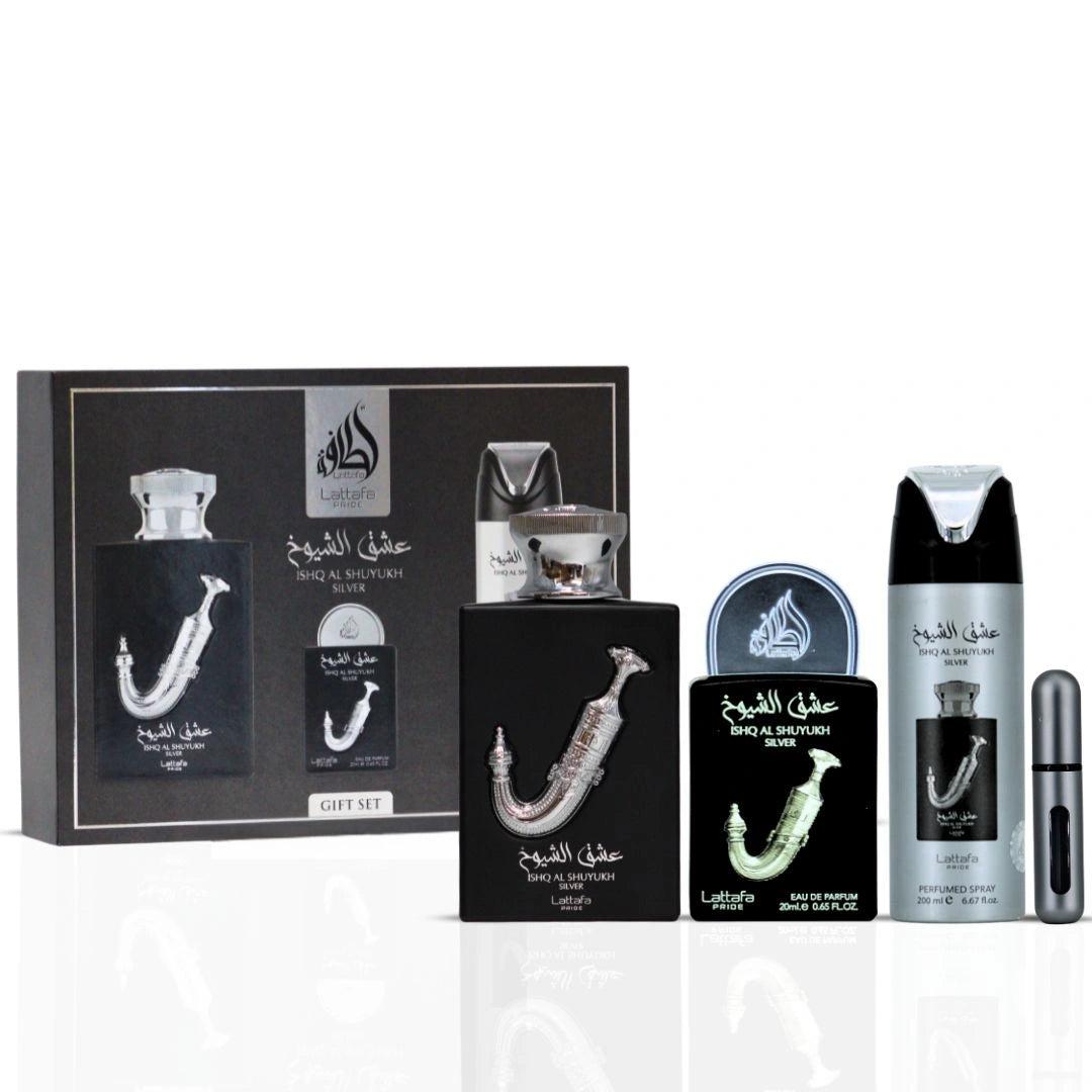 Set Lattafa Ishq Al Shuyukh Silver 4 Pz EDP 100 ml Original