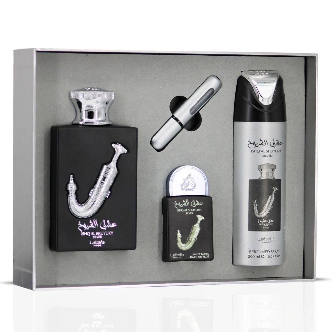 Set Lattafa Ishq Al Shuyukh Silver 4 Pz EDP 100 ml Original
