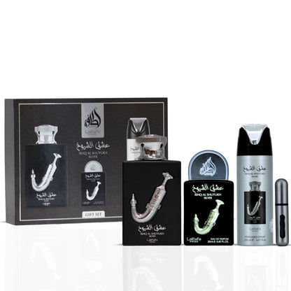 Set Lattafa Ishq Al Shuyukh Silver 4 Pz EDP 100 ml Original